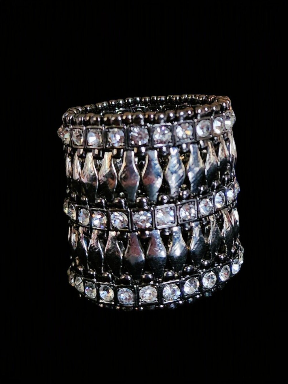 TASHA Vintage Y2K Gunmetal Clear Rhinestone Wide Stretch Statement Cuff Bracelet